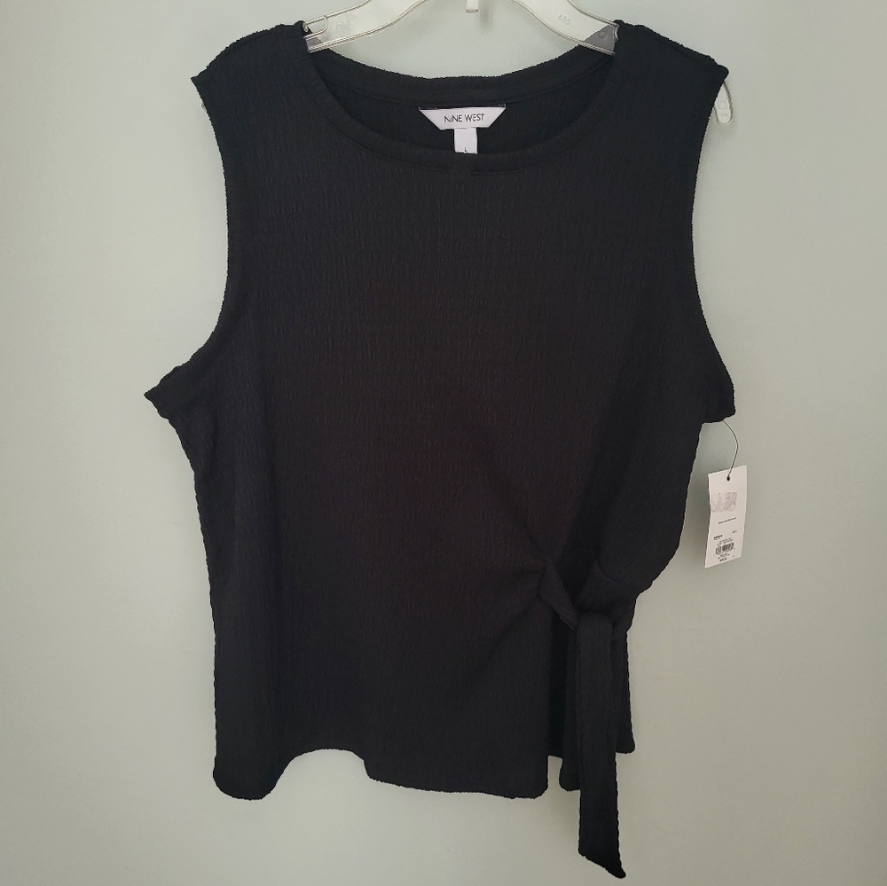 Nine West Women Large Side Tie Knit‎ Sleeveless Tank Black Crinkly Stretchy New